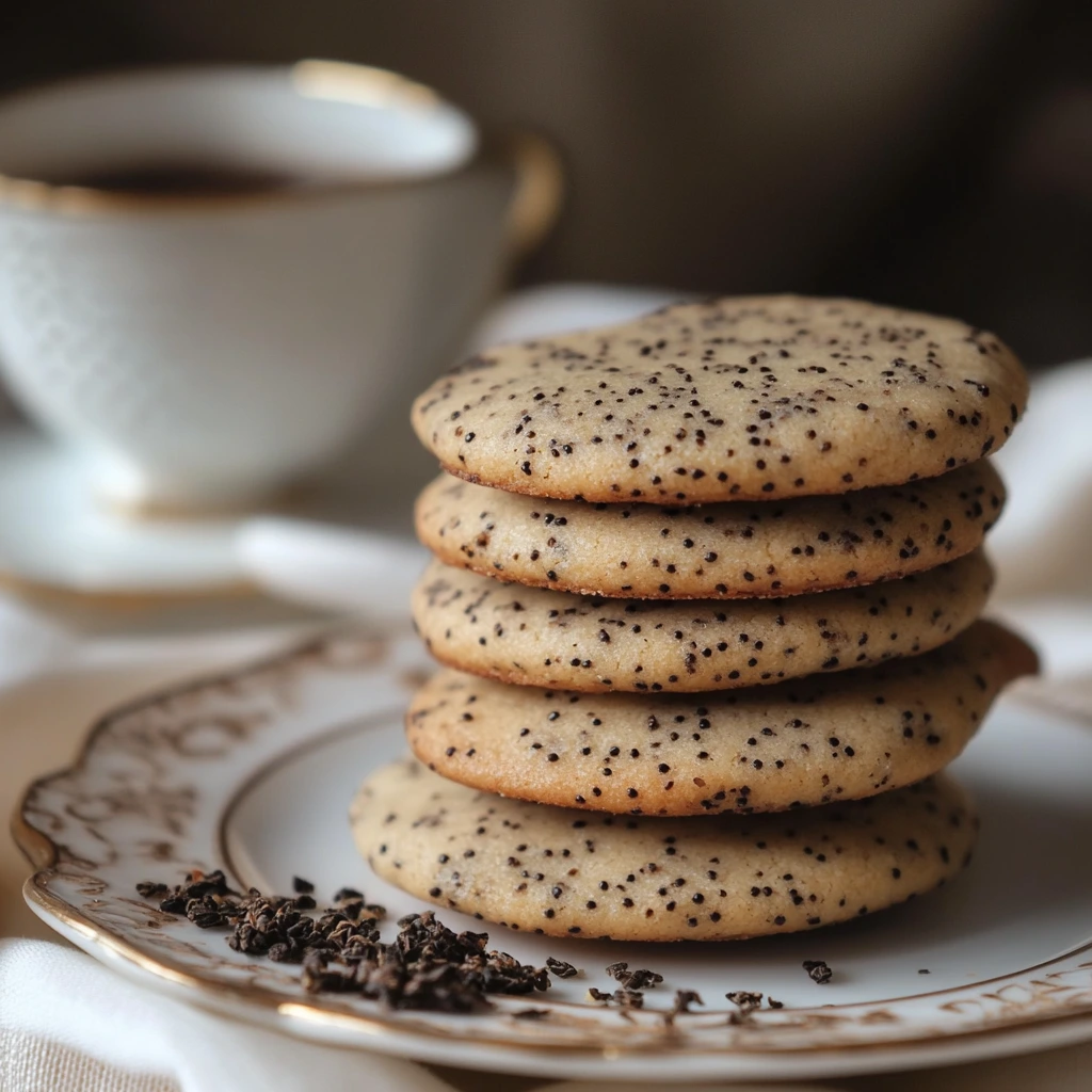 A stack of Earl Grey cookies on a decorative plate with loose tea leaves.