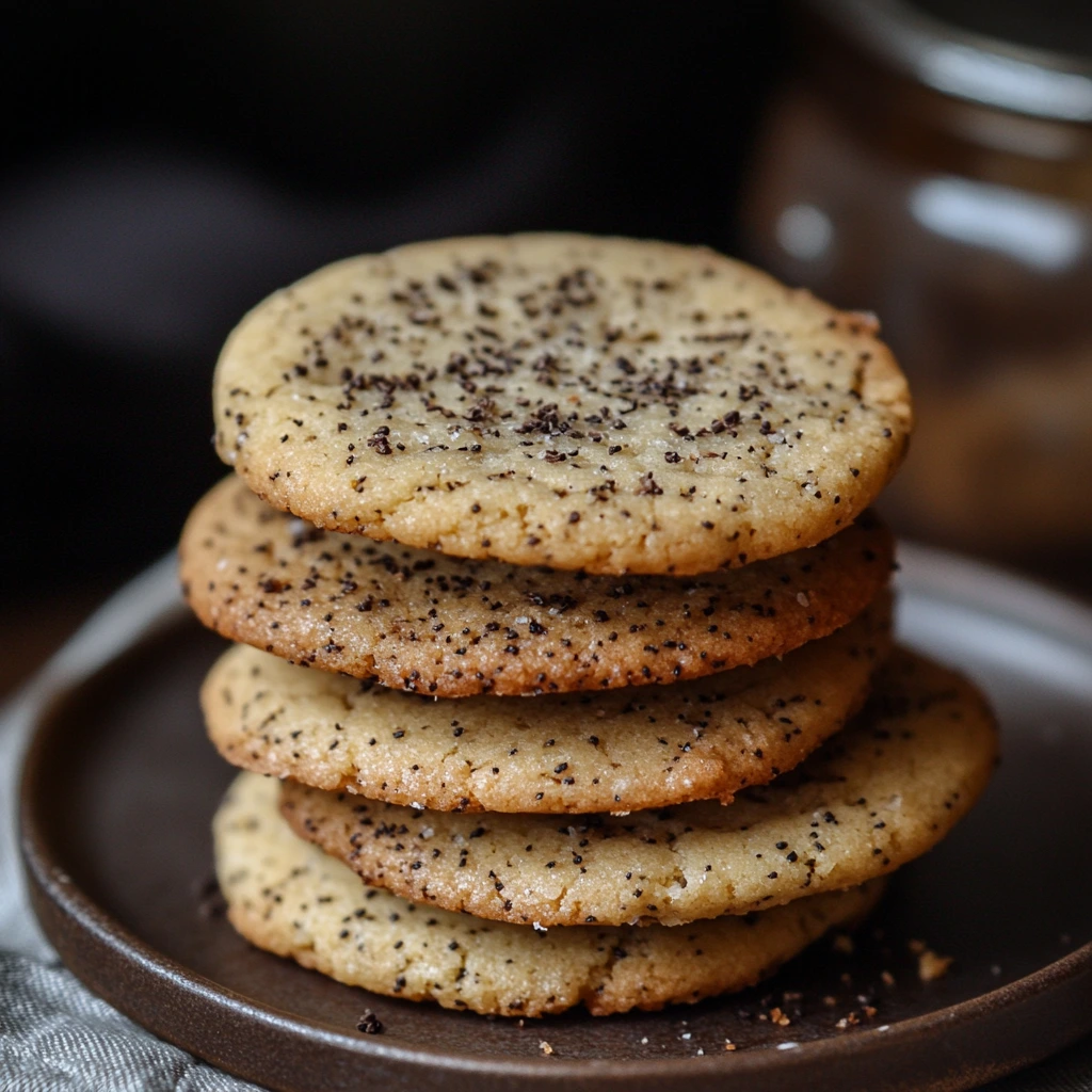 A stack of golden-brown Earl Grey cookies on a dark ceramic plate.