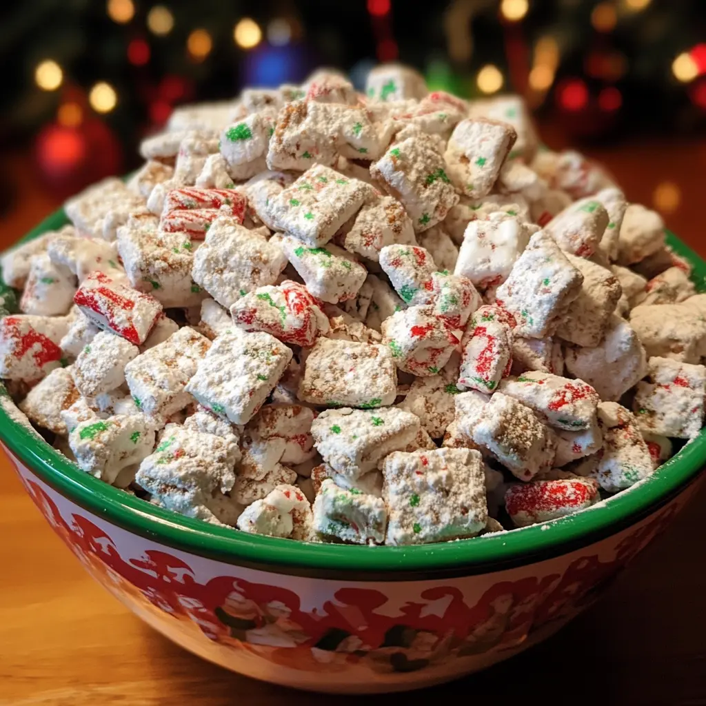 A festive bowl of holiday-themed Muddy Buddies with red and green sprinkles and candies