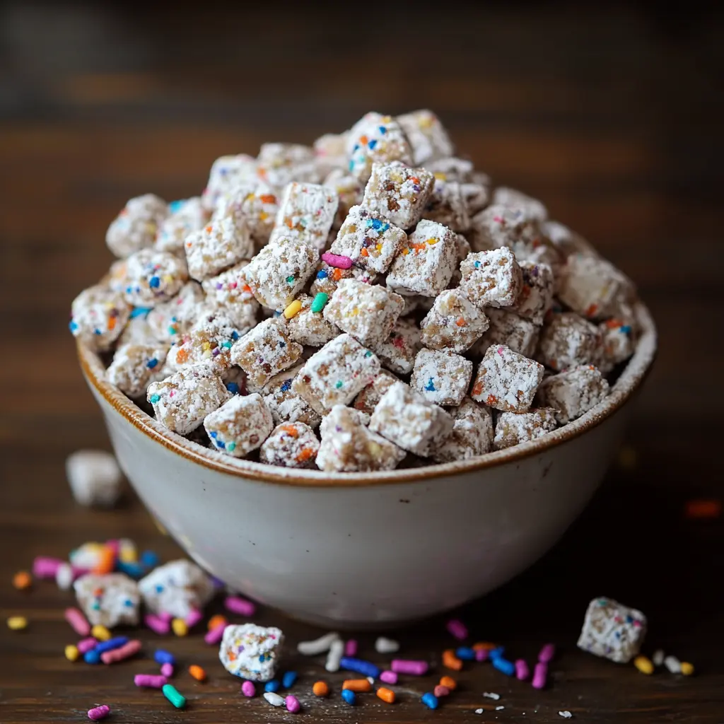 A bowl of Muddy Buddies topped with colorful sprinkles, perfect for kids' parties and celebrations.