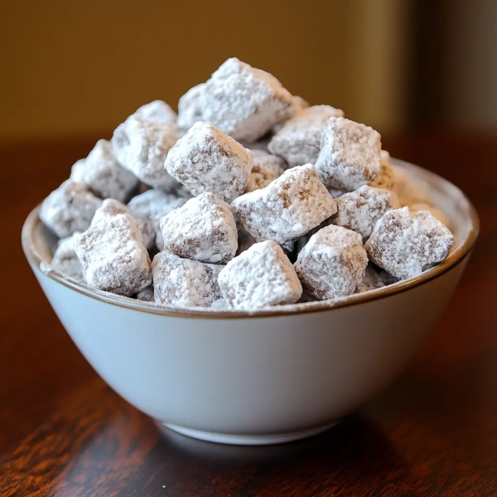 A bowl of powdered sugar-coated Muddy Buddies