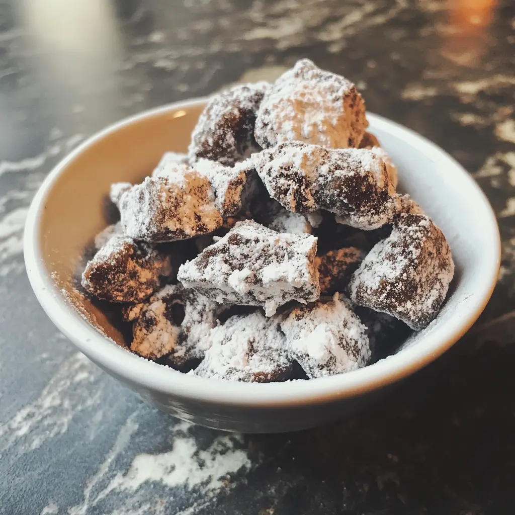 A small bowl of Muddy Buddies coated in powdered sugar on a dark marble countertop.