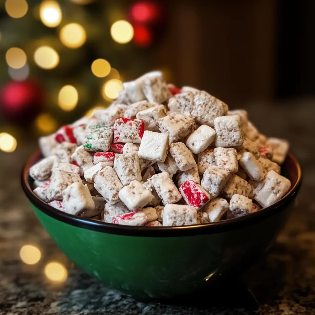 A festive bowl of Muddy Buddies mixed with red and green candies, perfect for the holiday season.