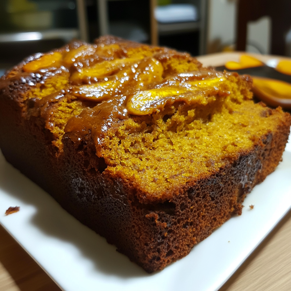 Golden-brown Pumpkin Banana Loaf sliced to reveal its soft, moist interior.