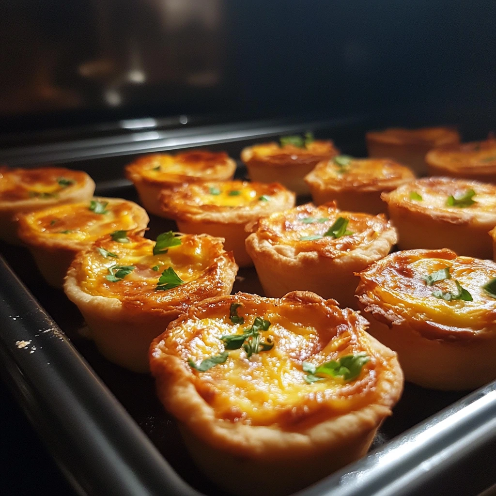 Mini quiches baking in a muffin tin, with golden crusts and colorful fillings visible inside a preheated oven.