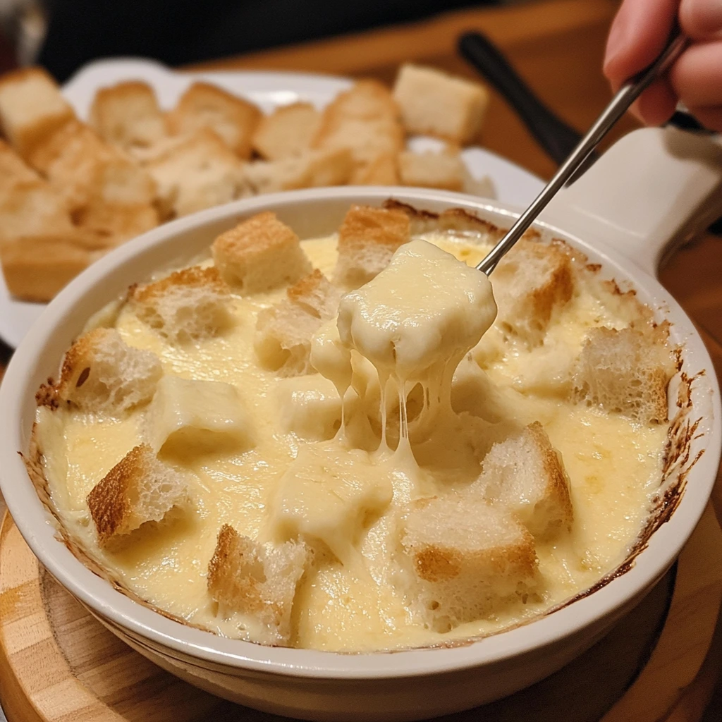 A steaming pot of melted cheese fondue with bread cubes.
