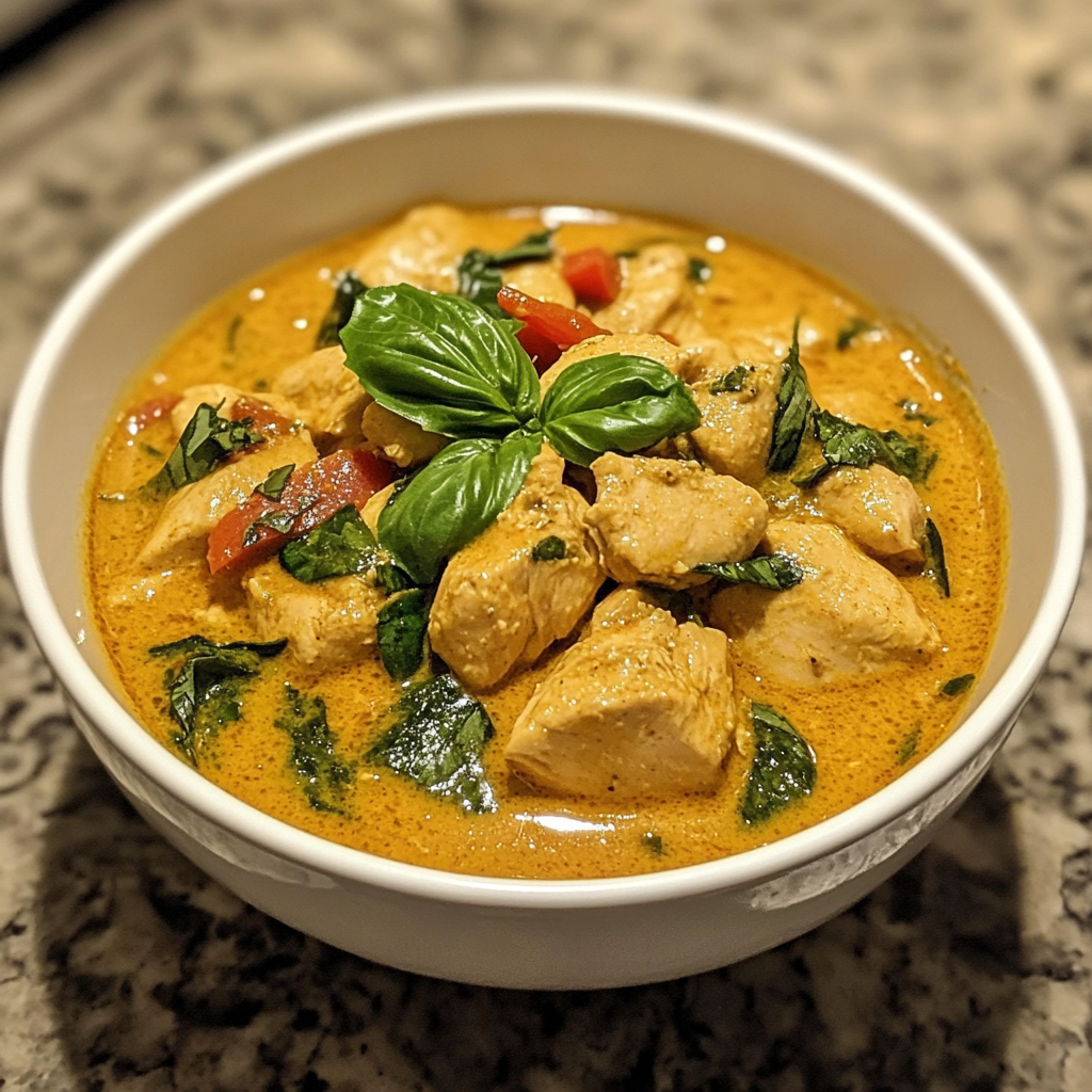 A bowl of creamy chicken curry garnished with fresh basil leaves, featuring tender chicken pieces, spinach, and tomatoes in a rich, golden-orange sauce.