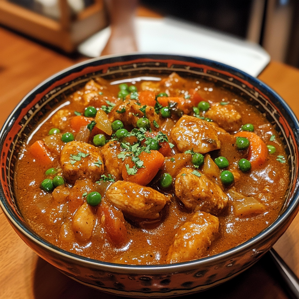 A bowl of chicken curry with tender chicken pieces, carrots, peas, and potatoes in a rich, brown curry sauce, garnished with fresh cilantro.