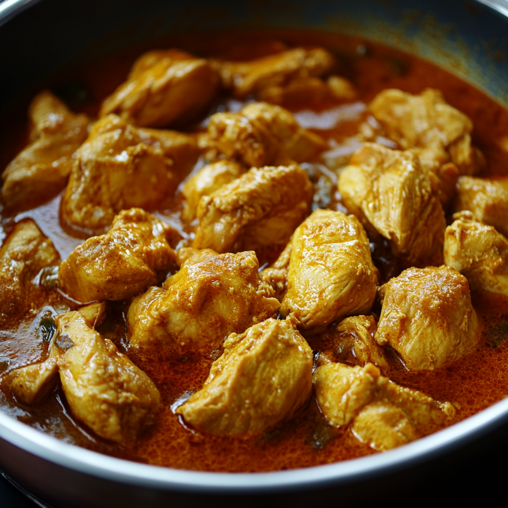 A flavorful bowl of chicken curry with tender chicken pieces simmered in a spiced curry sauce, garnished with fresh herbs and served with rice or bread.