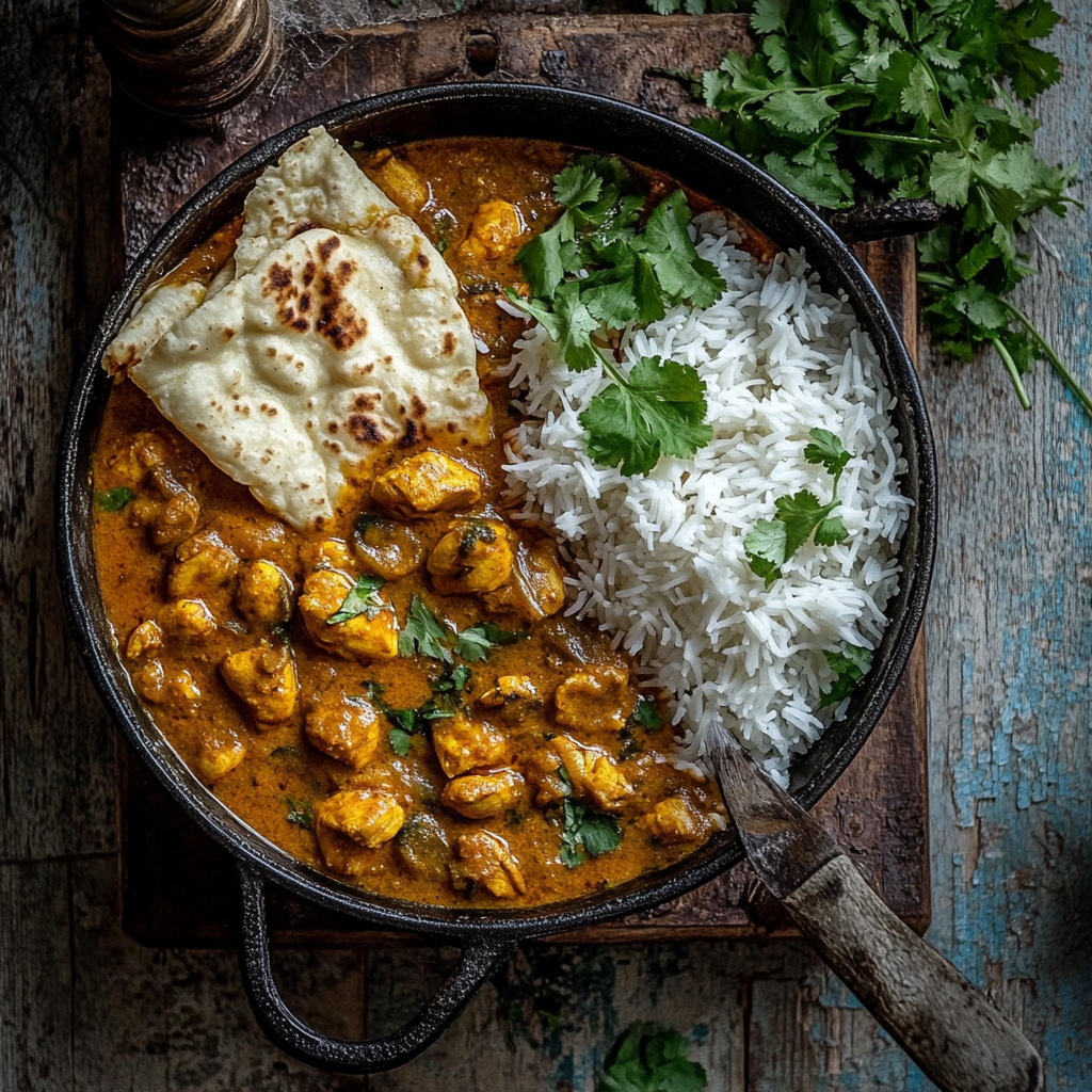 A delicious serving of chicken curry with rice and naan bread, garnished with fresh cilantro, served in a rustic black skillet on a wooden surface.