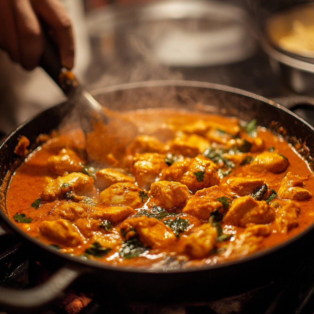 A step-by-step process of making aromatic chicken curry, showing diced chicken, vibrant spices, chopped vegetables, and a simmering pot of curry on the stove.