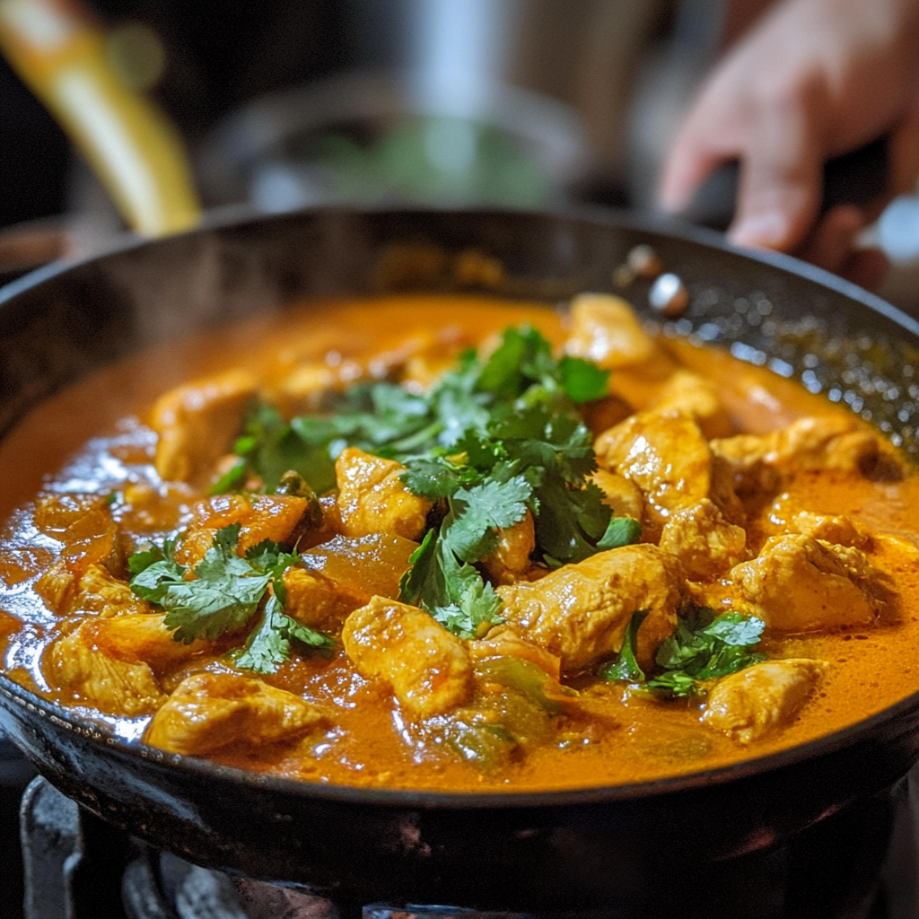 Thai chicken curry with tender chicken pieces, colorful vegetables, and fresh basil in a creamy coconut curry sauce