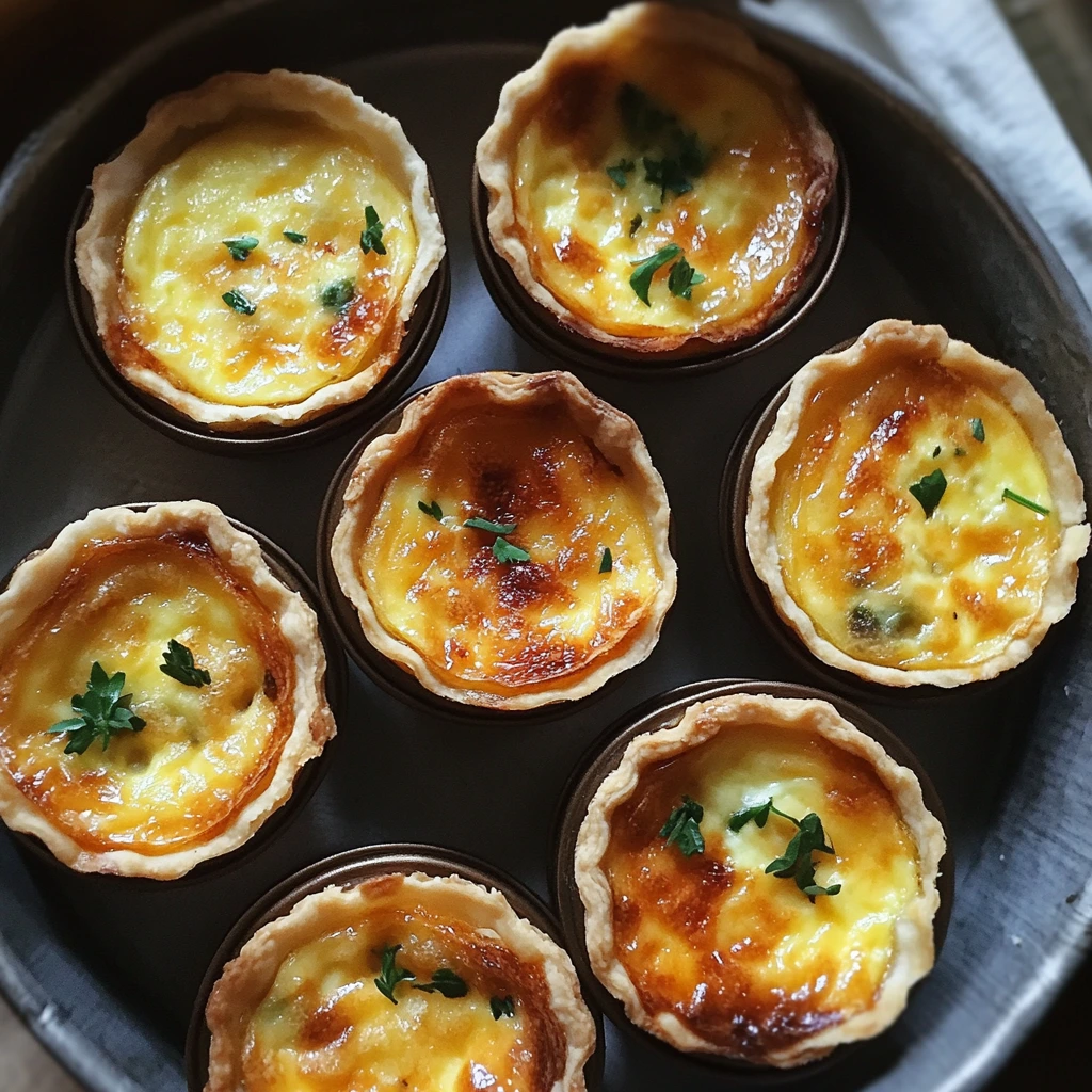 Golden-brown Classic Lorraine mini quiches with crispy bacon, Swiss cheese, and a flaky crust.