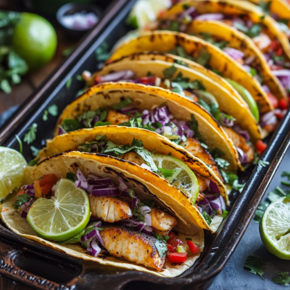 Freshly prepared fish tacos topped with colorful slaw, creamy sauce, and a wedge of lime.