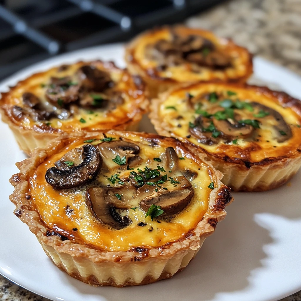 Gourmet mini quiches with sautéed mushrooms and melted Gruyère cheese, garnished with fresh thyme.