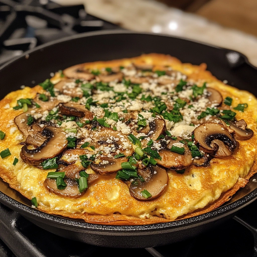 Gourmet mushroom and Gruyère omelet, garnished with fresh parsley.