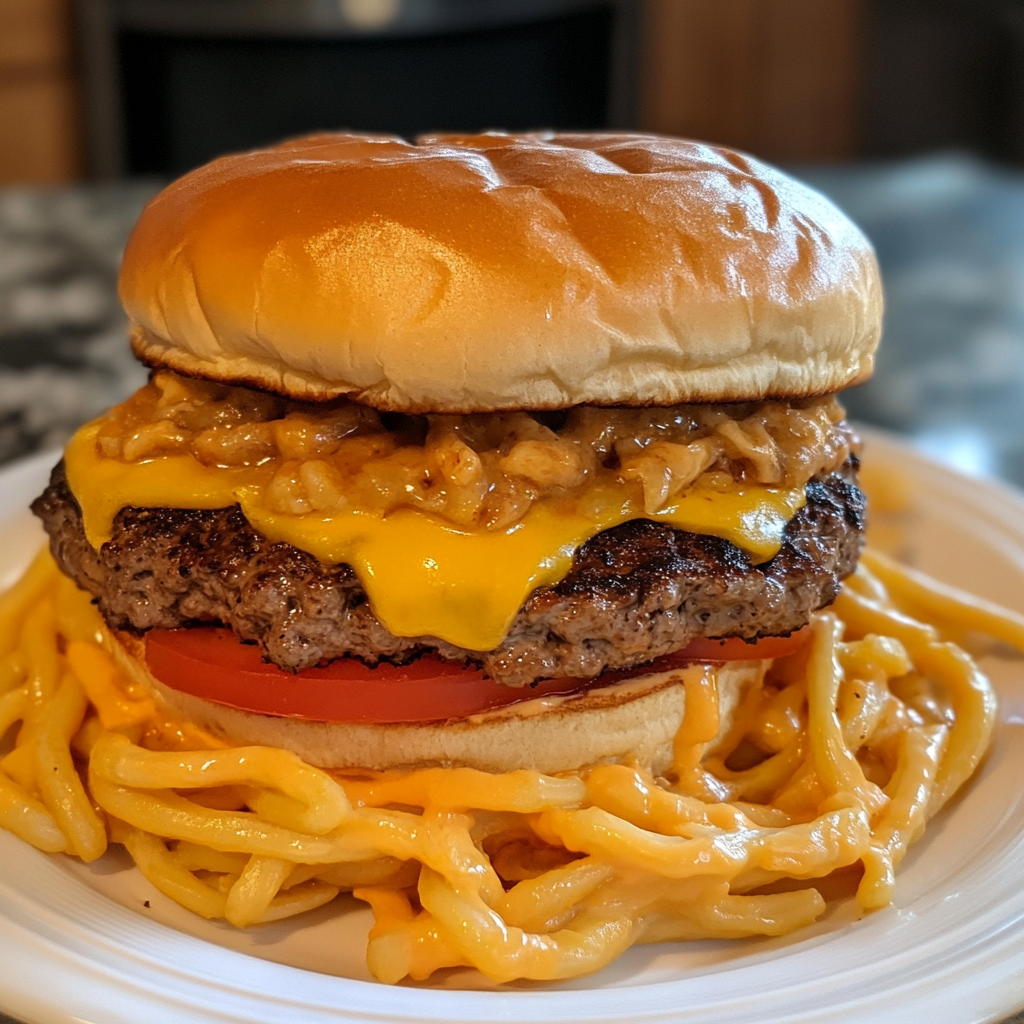 A homemade burger with a juicy beef patty, melted cheddar cheese, caramelized onions, a tomato slice, and a layer of macaroni and cheese on the bottom bun, served on a white plate.