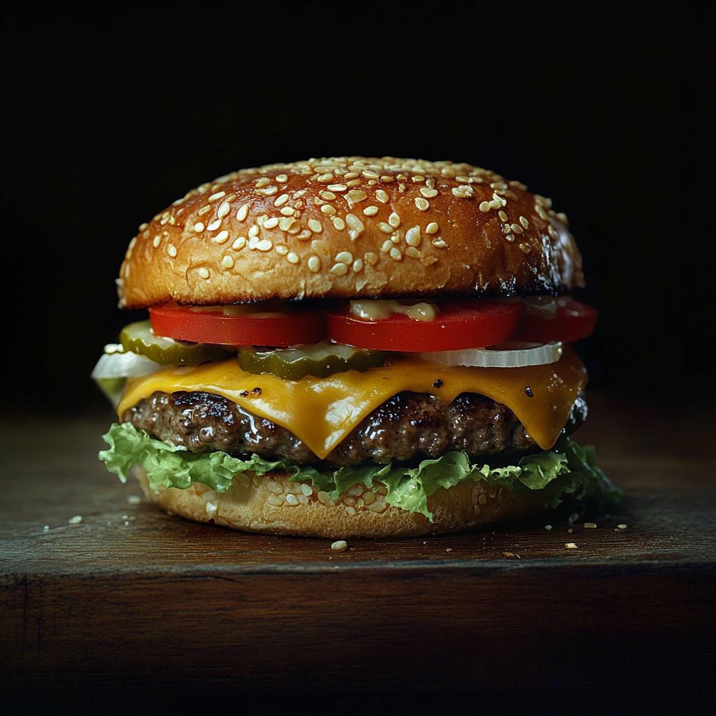 A homemade burger with a juicy beef patty, melted cheese, fresh vegetables, and a toasted bun.