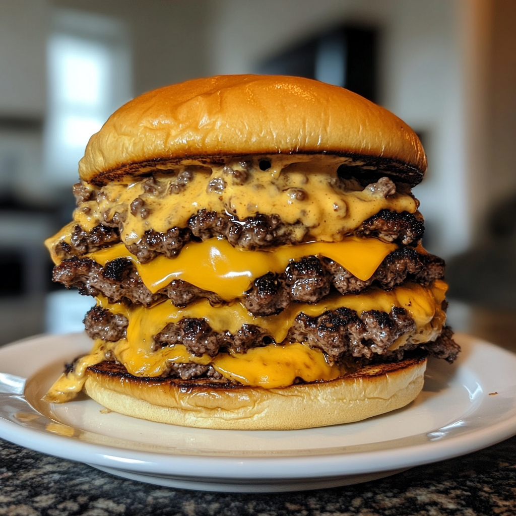 A towering homemade cheeseburger with four beef patties, each topped with melted cheddar cheese, served on a toasted bun.