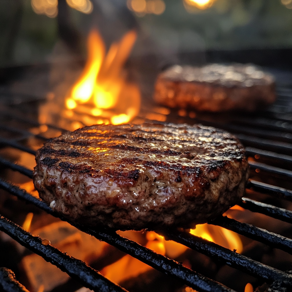 A close-up of a juicy burger patty cooking on a grill with flames rising in the background.