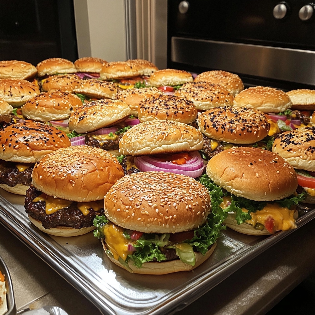 A variety of homemade burgers, each with unique toppings, including cheese, vegetables, sauces, and specialty buns.