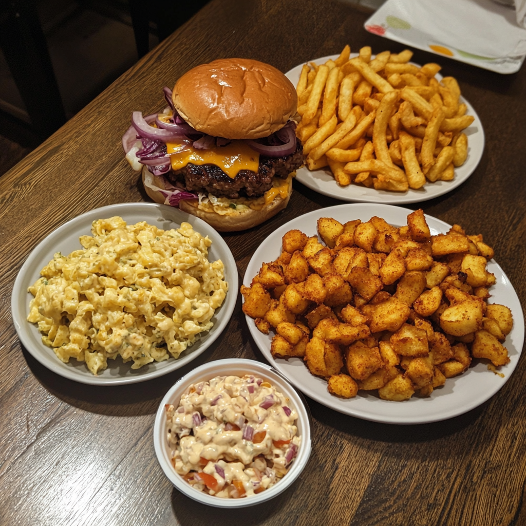 A homemade burger served on a plate alongside golden French fries and salads, creating a complete and appetizing meal.