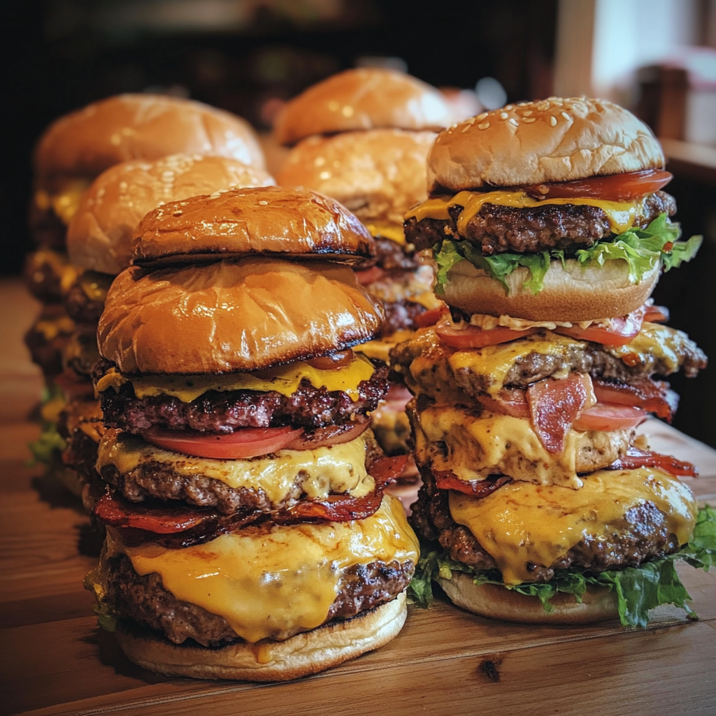 A collection of homemade burgers with juicy beef patties, melted cheese, and fresh toppings, served on toasted buns.