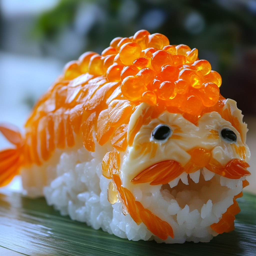 Homemade sushi arranged and decorated to resemble a fish, with slices of sushi rolls forming the body and colorful ingredients, creating intricate patterns.