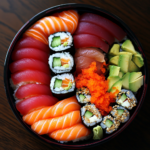 An assortment of colorful homemade sushi rolls, including salmon, avocado, cucumber, and tuna, arranged on a wooden platter.