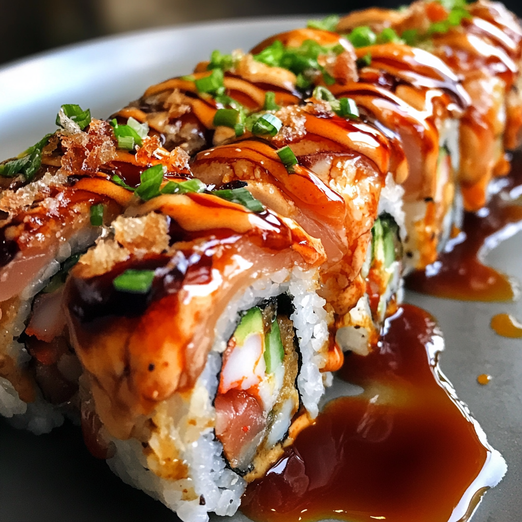 Homemade sushi being served on a ceramic platter, featuring an assortment of rolls with soy sauce.