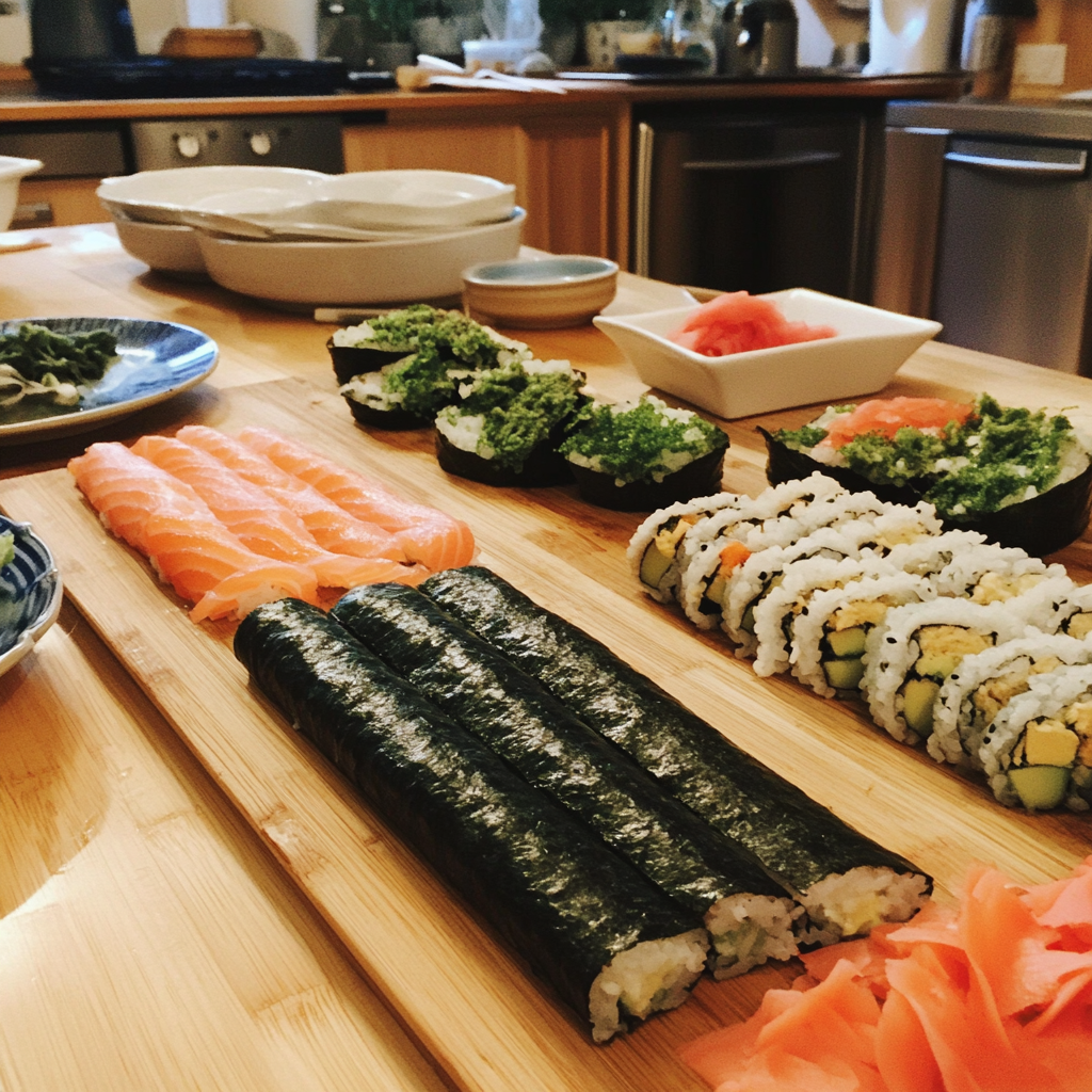 An assortment of homemade sushi rolls, including California rolls, spicy tuna rolls, and veggie rolls.