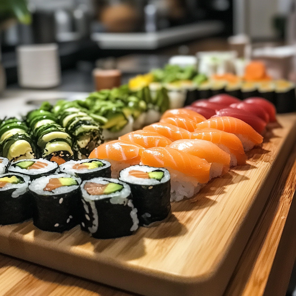 A colorful variety of homemade sushi rolls, including California rolls, spicy tuna rolls, and vegetable rolls.