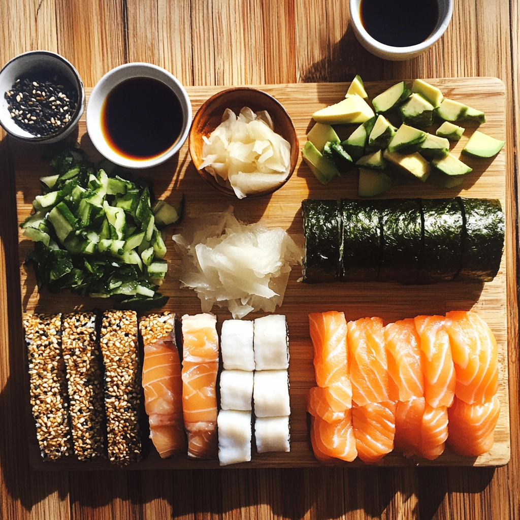 Ingredients for homemade sushi, including sushi rice, nori sheets, fresh fish, avocado, cucumber, soy sauce, and a bamboo rolling mat, neatly arranged on a kitchen counter.