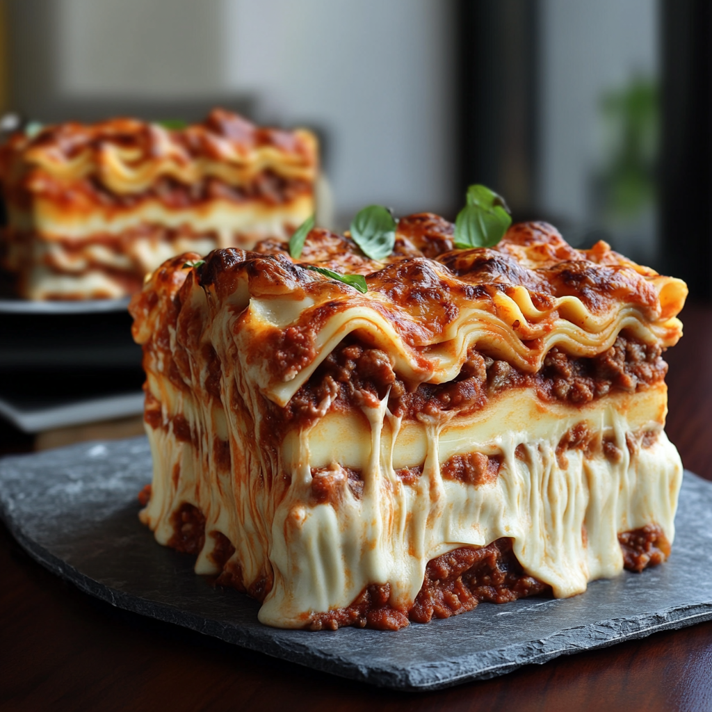 A close-up of a slice of lasagna, featuring layers of pasta, meat sauce, and melted cheese, garnished with fresh basil leaves.