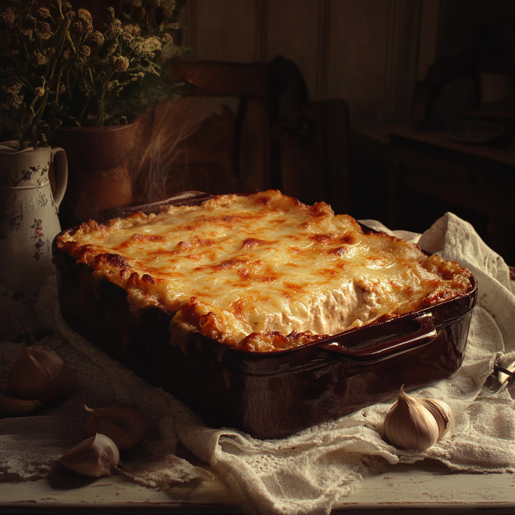 Freshly baked lasagna with golden, bubbling cheese, visible layers of pasta, meat sauce, and béchamel, garnished with fresh basil leaves.