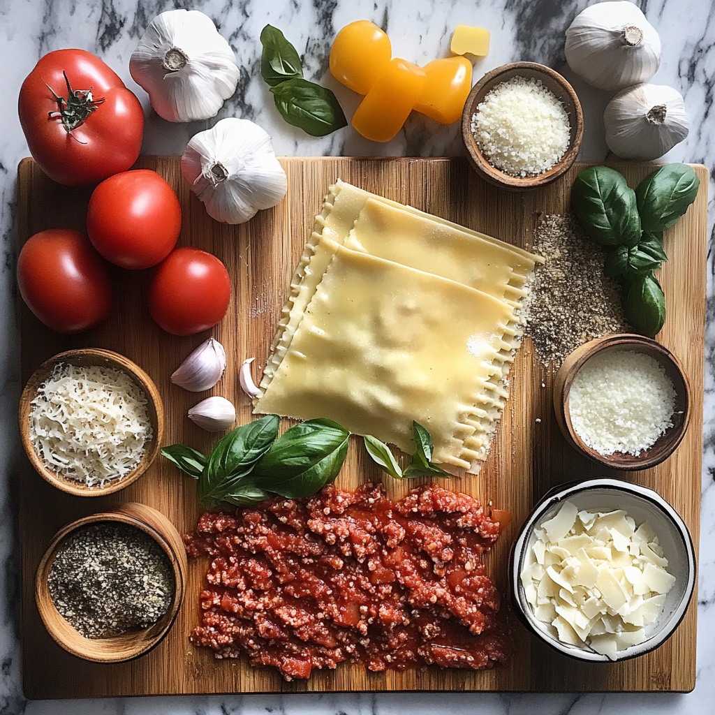 A flat lay of fresh lasagna ingredients on a wooden board, including lasagna sheets, minced meat in tomato sauce, tomatoes, garlic, parmesan, basil, and seasonings.