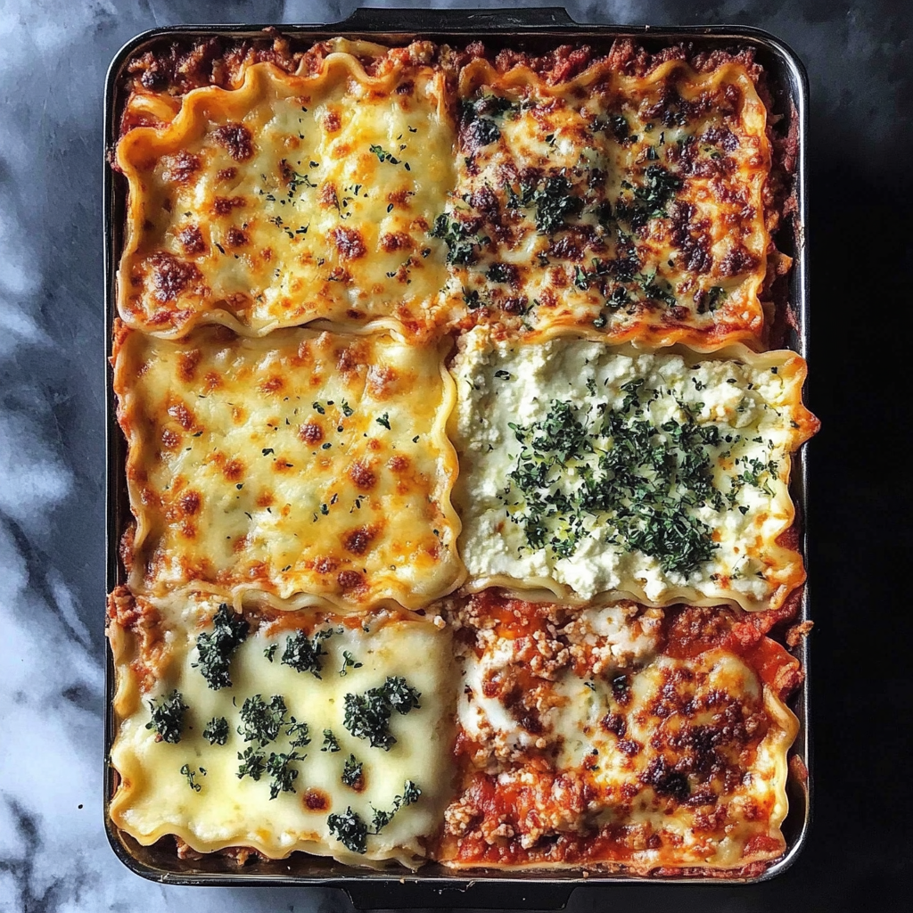 A freshly baked lasagna in a rectangular pan, featuring golden-brown melted cheese and parsley garnish on top.