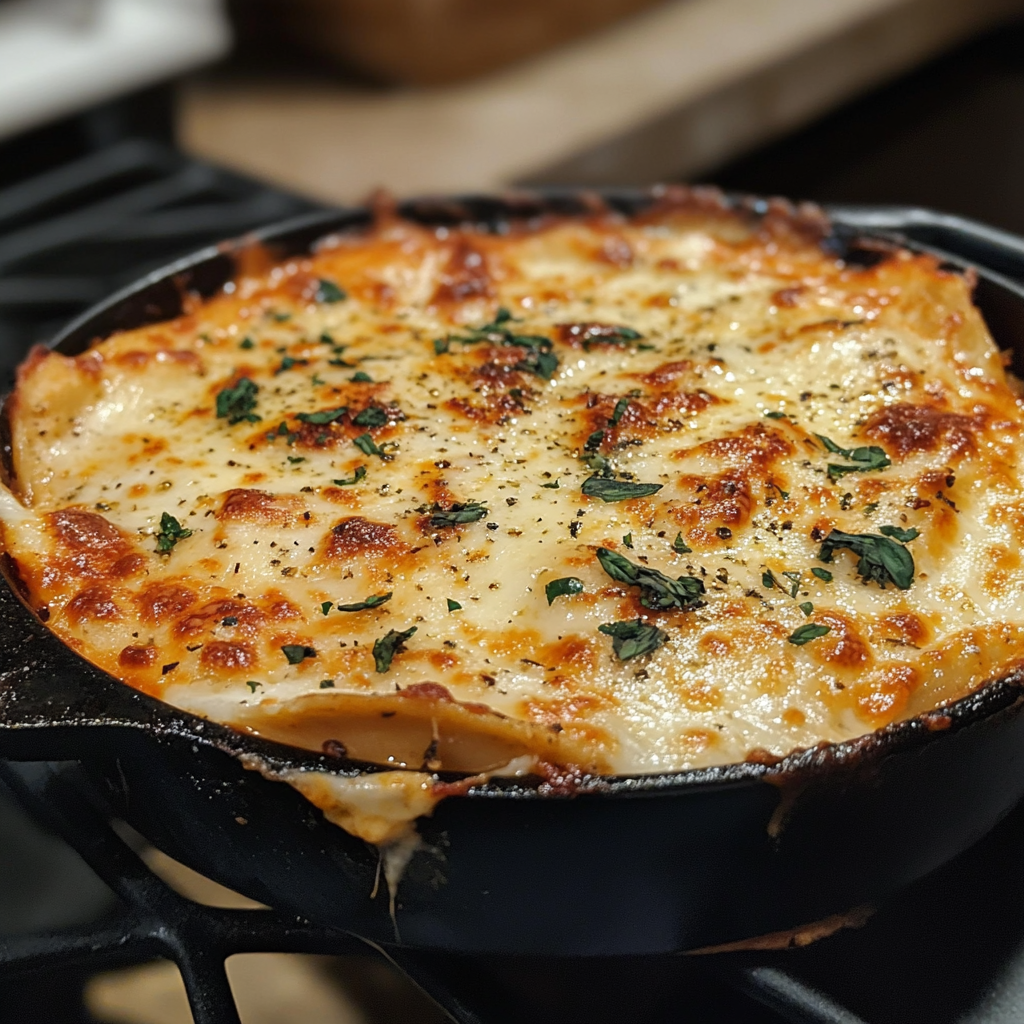 A close-up of a freshly baked lasagna with golden melted cheese, layers of pasta, rich tomato sauce, and herbs on top, served in a baking dish