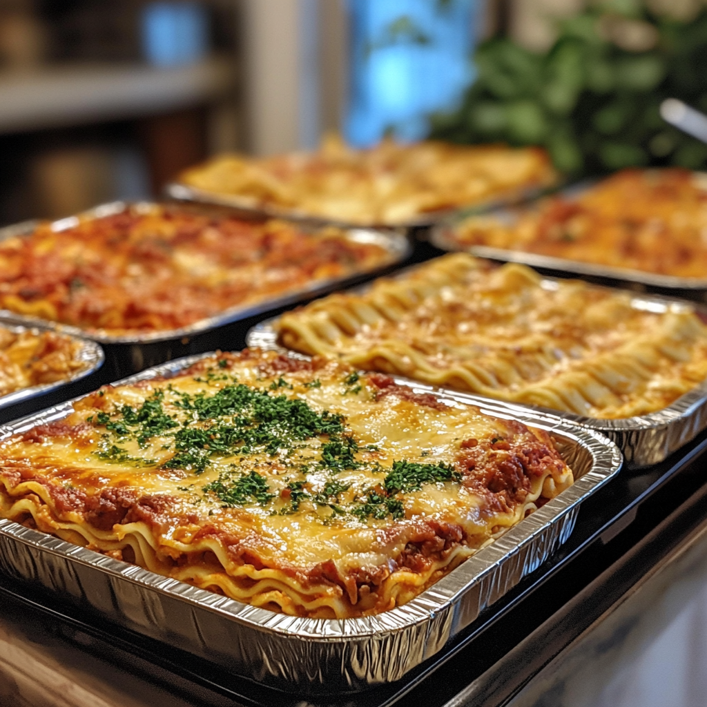 An assortment of lasagna varieties displayed on a table, including classic meat lasagna, spinach and ricotta lasagna, seafood lasagna, and vegetarian lasagna with zucchini and mushrooms.