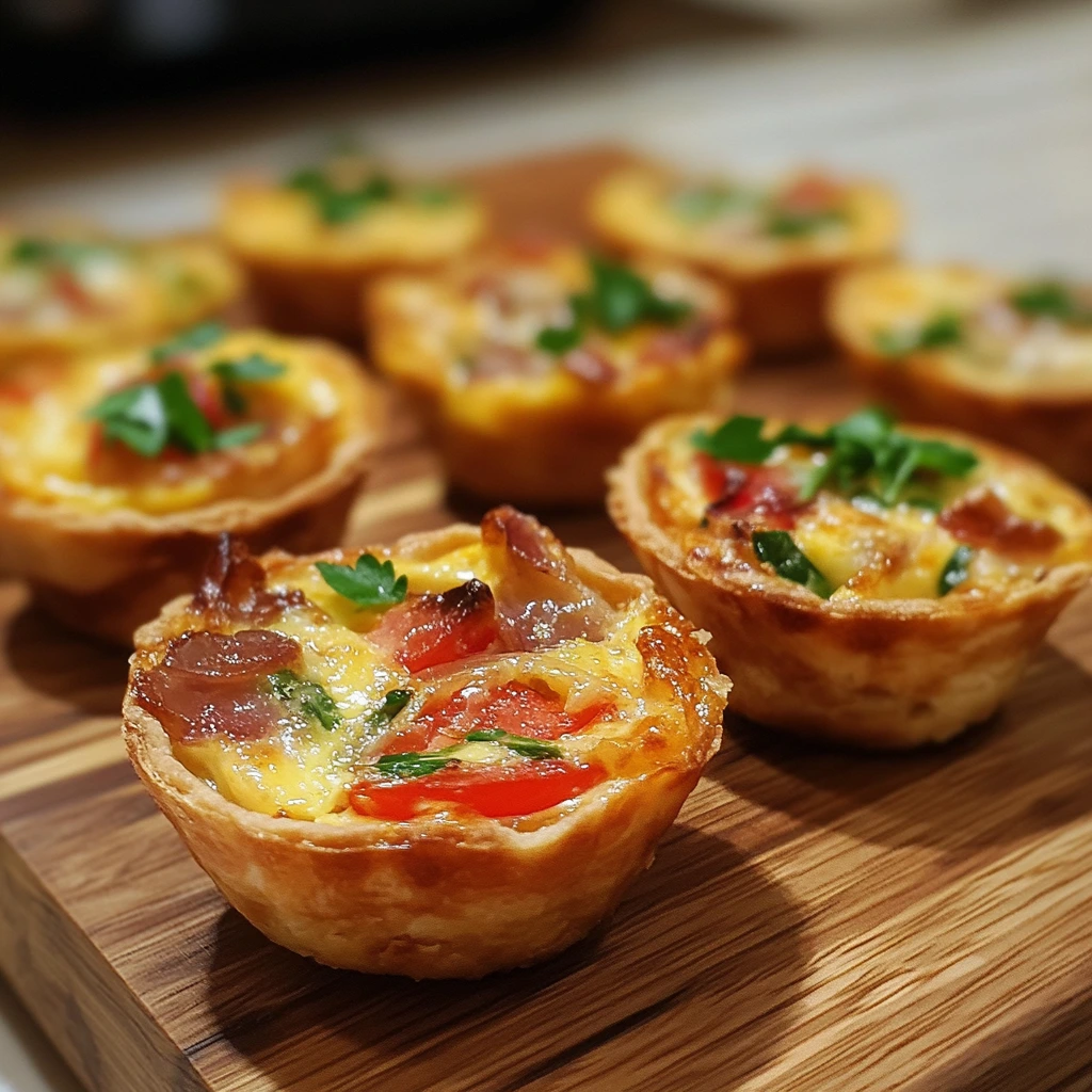 A platter of mini quiches with golden crusts, filled with cheese, vegetables, and herbs, served on a wooden board.