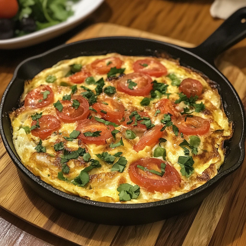 Freshly cooked omelet served on a white plate with herbs and vegetables.