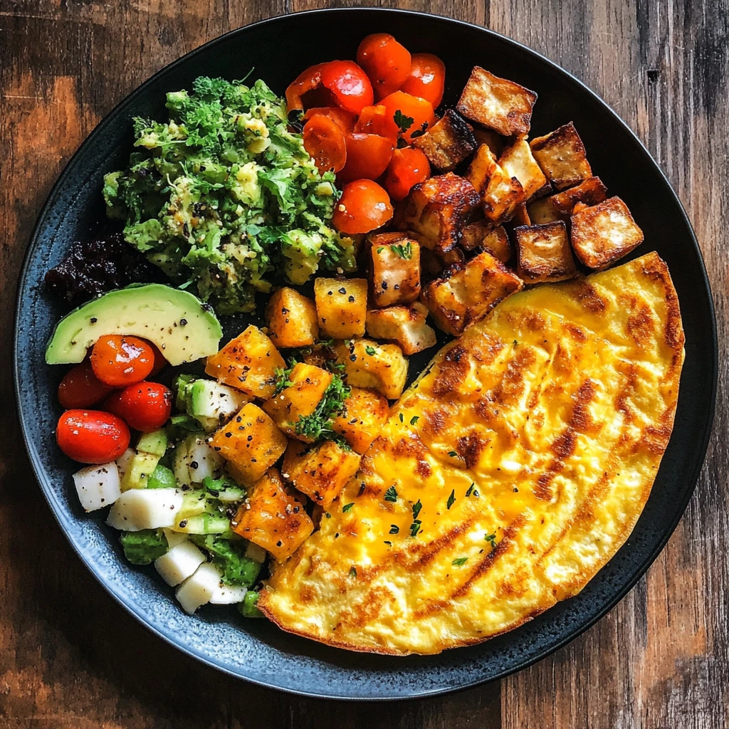 Golden omelet served on a plate with roasted vegetables, avocado slices, cherry tomatoes, and a fresh salad.