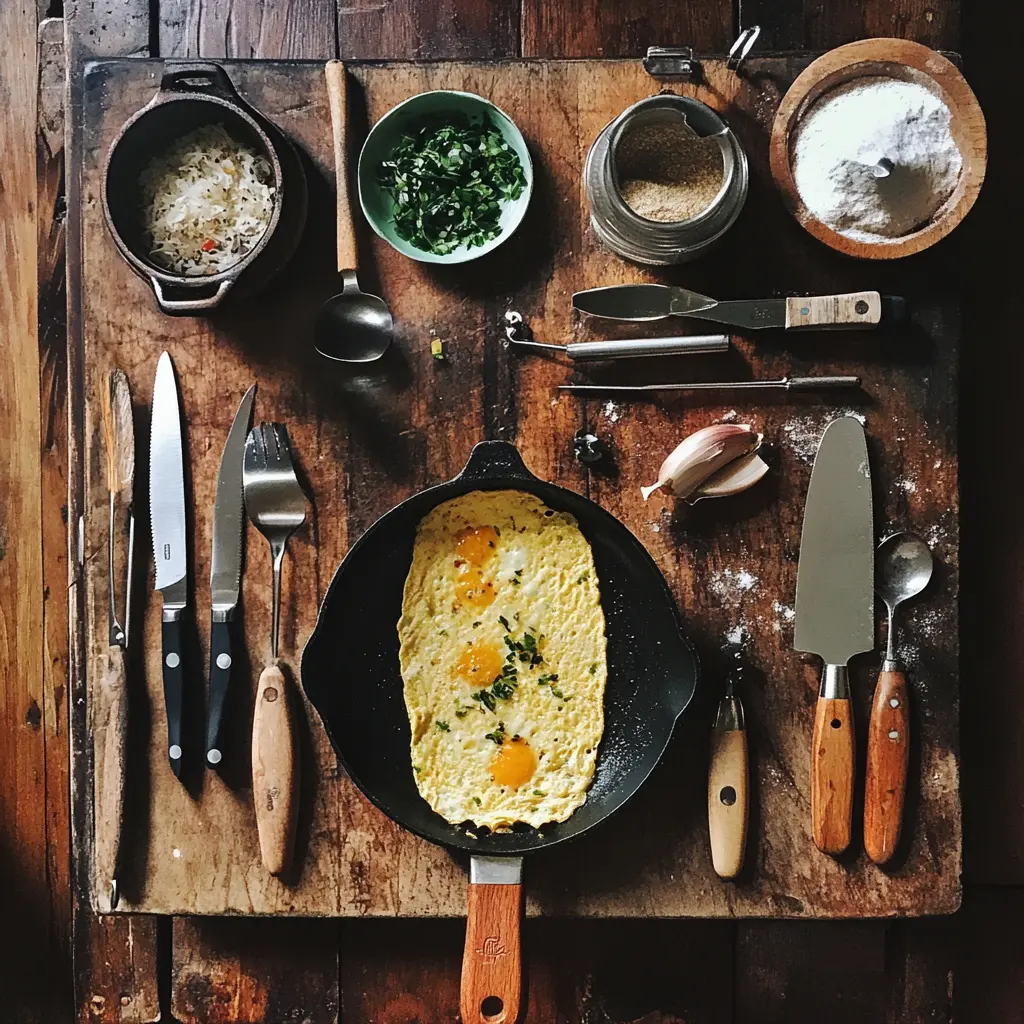 Essential tools for omelet making, including a non-stick pan, whisk, spatula, and mixing bowl on a kitchen countertop.