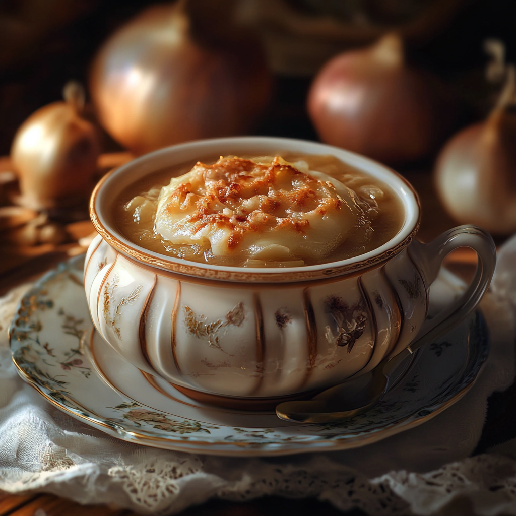 A bowl of onion soup topped with melted golden cheese