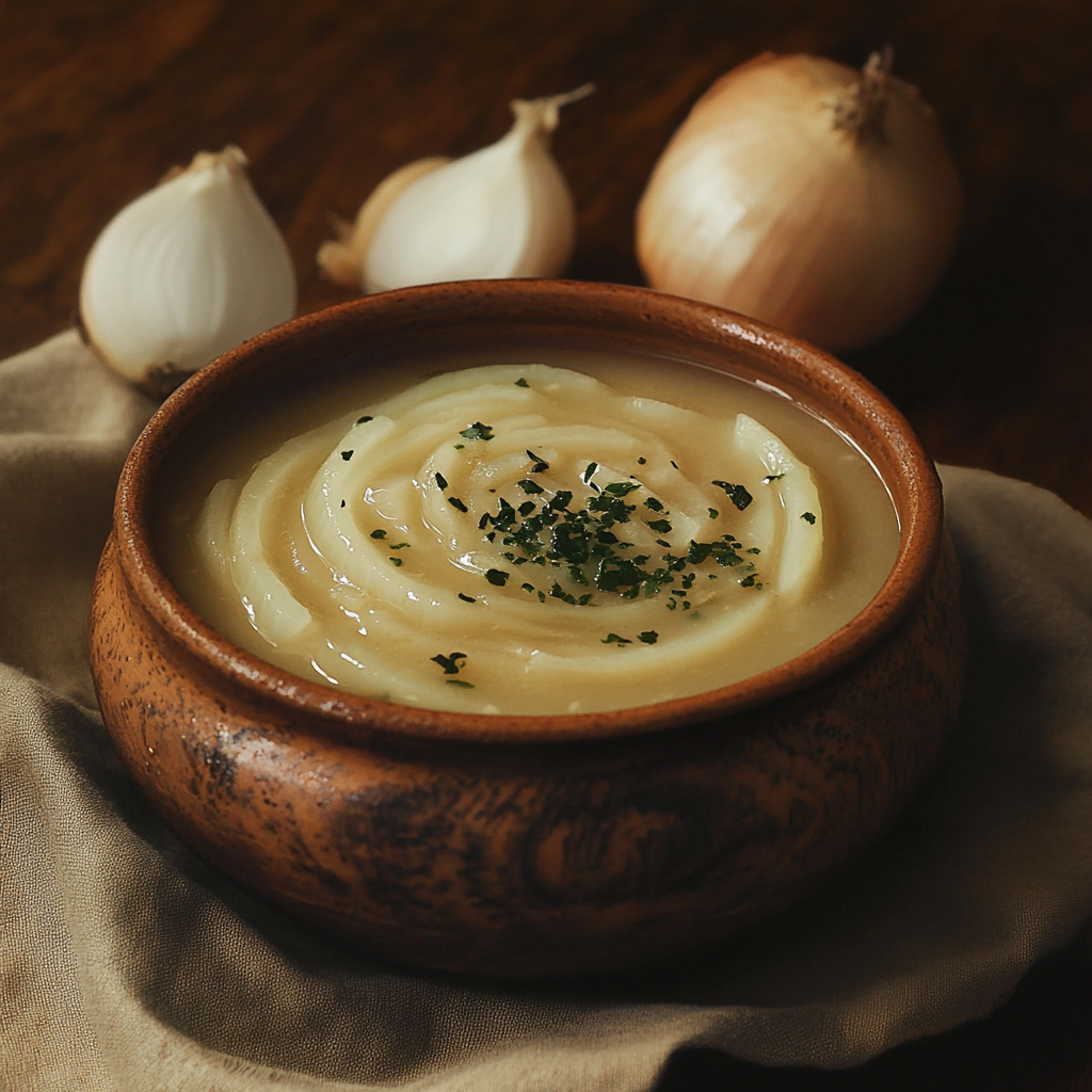 A steaming bowl of onion soup topped with melted cheese.