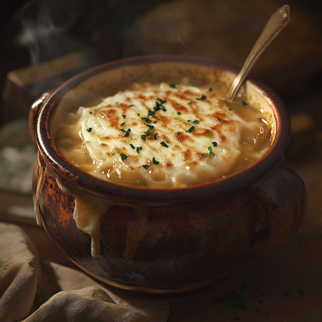 A bowl of classic French onion soup with melted cheese and toasted bread, garnished with fresh thyme.