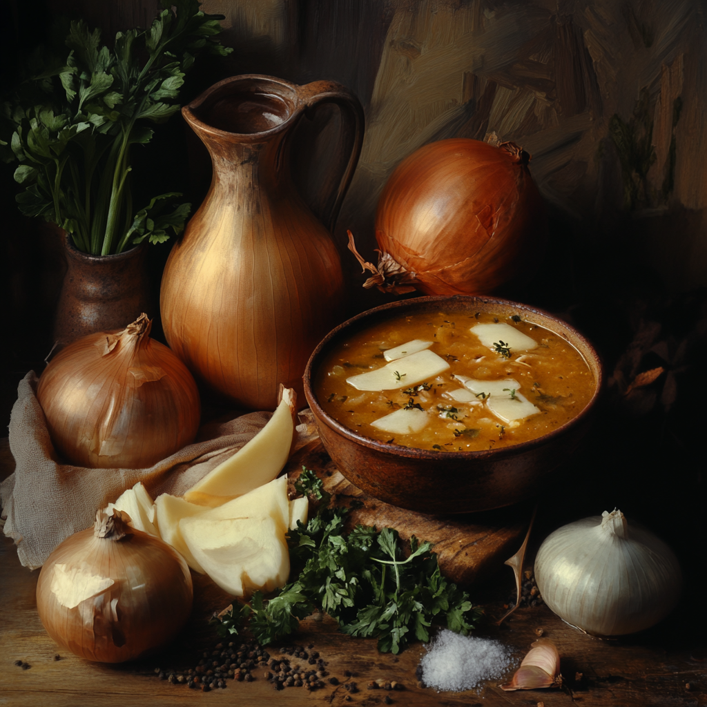 A steaming bowl of onion soup with a deep, rich broth, caramelized onions, and a cheese-topped bread slice floating on top.