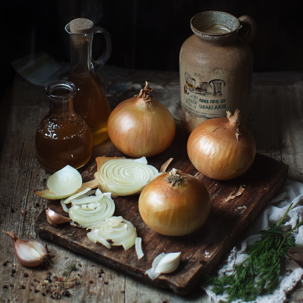 An arrangement of onion soup ingredients, including onions, garlic, broth, butter and Gruyère cheese.