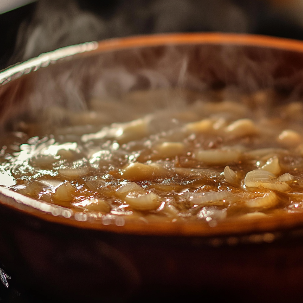 Cooking onion soup in a pot, with caramelized onions simmering in broth, and a hand stirring.