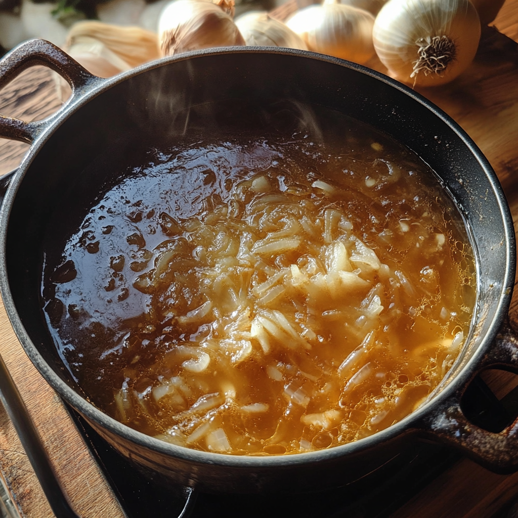 Caramelized onions cooking slowly in a pot over low heat, stirred gently with a wooden spoon.